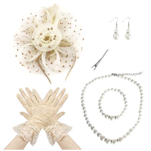 Fascinators Hat Pearl Earrings Necklace Bracelets Gloves 1920s Headband Hair Clips Women Flower Mesh Feather Headpiece Headwear Halloween Carnival Cocktail Wedding Tea Party Accessories Beige - color: Beige + Golden