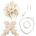 Fascinators Hat Pearl Earrings Necklace Bracelets Gloves 1920s Headband Hair Clips Women Flower Mesh Feather Headpiece Headwear Halloween Carnival Cocktail Wedding Tea Party Accessories Beige - color: Beige + Golden