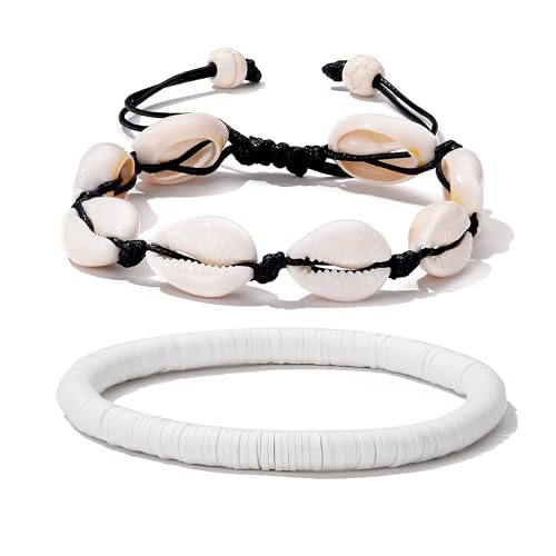 ATIMIGO Adjustable Nature Puka Shell Ankle Bracelet Cowrie Shell Anklet Handmade Boho Hawaiian Beach Surfer Seashell Braided Anklet Foot Jewelry for Women - color: black string cowire shell anklet & white anklet