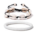 ATIMIGO Adjustable Nature Puka Shell Ankle Bracelet Cowrie Shell Anklet Handmade Boho Hawaiian Beach Surfer Seashell Braided Anklet Foot Jewelry for Women - color: black string cowire shell anklet & white anklet