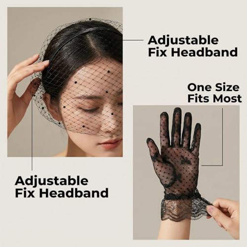 20s 50s Black Funeral Birdcage Veil Fascinator Hats, Vintage Lace Mesh Headband Hair Clip Headwear and Short Floral Lace Gloves for Women for Wedding Cocktail Tea Party Church Birthdays