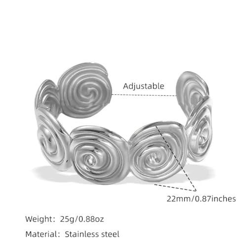YWMAN Spiral Adjustable Cuff Bracelet, Chunky Swirl Open Bangle, Stainless Steel Boho Statement Jewelry for Women