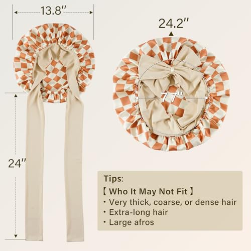 ZIMASILK 100% Mulberry Silk Bonnet for Sleeping Women Long Hair Double Layer Silk Hair Wrap with Tie Band Stay On Head (1Pc, Checkered) - color: Checkered