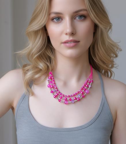 Noessla Beaded Statement Necklaces for Women Layered Chunky Bead Necklace Fashion Costume Jewelry Gifts for Mom - color: Hot Pink