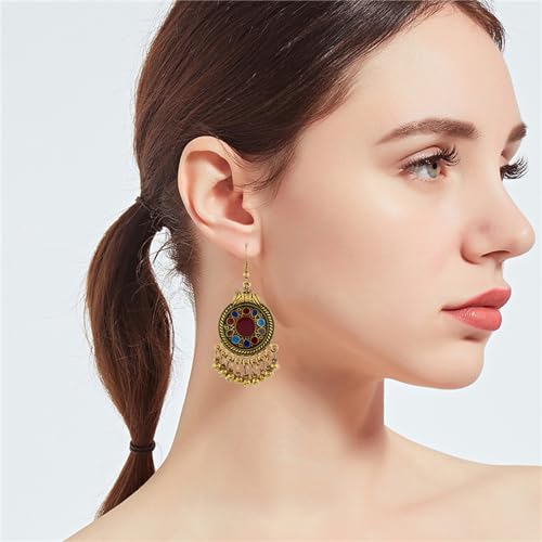 Vintage Boho Statement Drop Dangle Earrings for Women Bohemian Ethnic Handmade Beaded Charms Earring Bohemian Retro Chandelier Tassel Earrings Mexico Gypsy Jewelry Gift - color: Gold Round Red