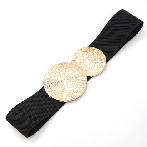 Women Wide Stretchy Waist Belts Elastic Cinch Belt for Dresses - color: Black Band Gold Buckle, size: Fit Waist 28"-30"