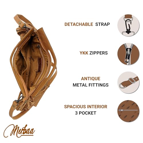 Merbaa Women Natural Cowhide Leather Crossbody Sling Bag With Adjustable Detachable Strap | Shoulder Bag | Handbag - color: Tan