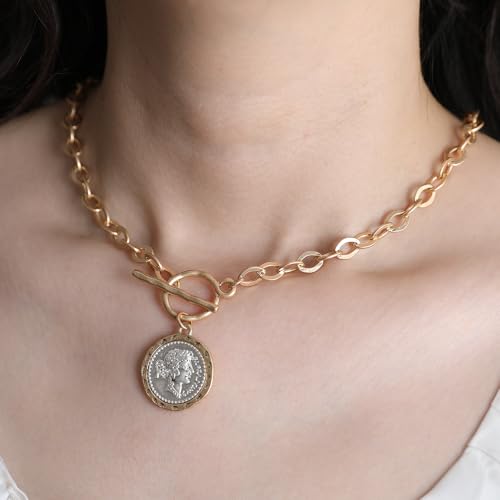 Chunky Gold Coin Necklace for Women Silver and Gold Chain Pendant Necklaces 18 Inch Antique Toggle Thick Link Fashion Jewelry Gift for Women - style: Worn Gold & Sliver-F