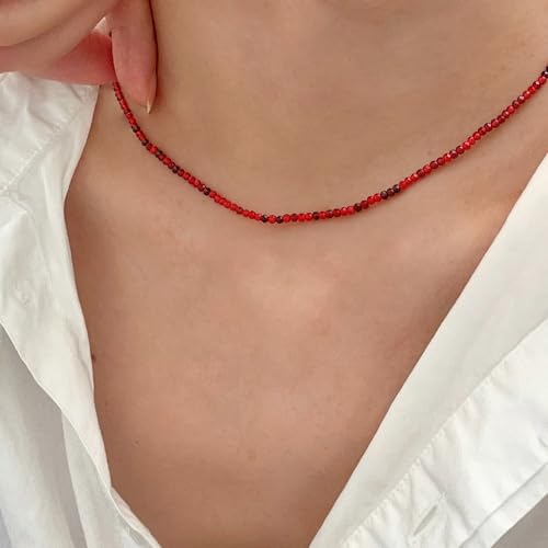JSJOY Tiny Crystal Beaded Choker Necklaces for Women Colorful Beaded Necklace Dainty Choker Necklaces Simple Boho Jewelry Gifts for Teens Handmade Shining Bead Necklaces Gifts - color: Dark Red