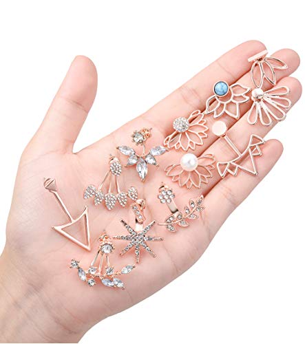 Tornito 6-12 Pairs Lotus Flower Earring Studs Chic CZ Earrings Jackets For Women Silver Rose Gold Tone - color: B:12 Pairs,Rose Gold Tone