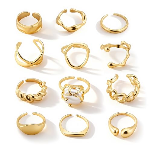 Chunky Gold Rings for Women Non Tarnish Boho Stackable Rings Set Adjustable Open Joint Finger Midi Knuckle Ring Packs - color: Gold Chunky Rings 12Pcs
