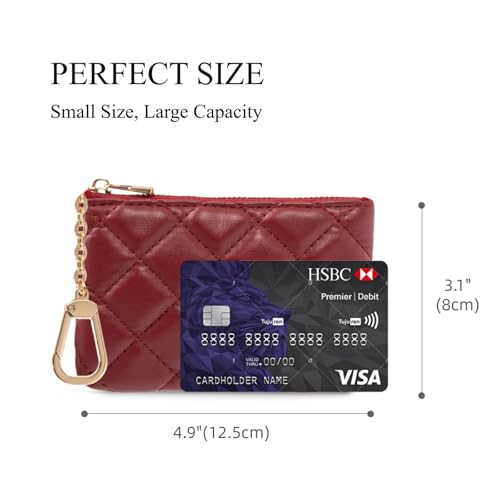 Quilted Faux Leather Coin Purse with Keychain - Small Coin Pouch Key Pouch Small Card Holder Keychain Wallet Change Purse for Women and Men (Wine Red) - color: Wine Red