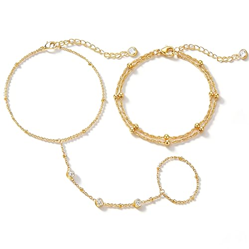 Gold Bracelets for Women, 14k Gold Plated Hand Chain Bracelet, 2 Pcs Ring Bracelets for Women Trendy Dainty Cubic Zirconia Bracelet Ring Bracelet Hand Jewelry Adjustable 6.3'+2' - style: 3 CZ-2 Pcs