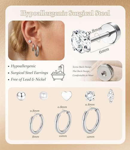 Incaton Hypoallergenic Flat Back Earrings for Women Silver 14K Gold Plated Surgical Stainless Steel Stud Earrings Cubic Zirconia Cartilage Studs Earrings For Multiple Piercing Sensitive Ears - color: 3-SILVER