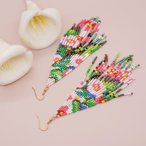 Flower Black Beaded Long Tassel Western Native American Earrings For Women Dangling - color: green