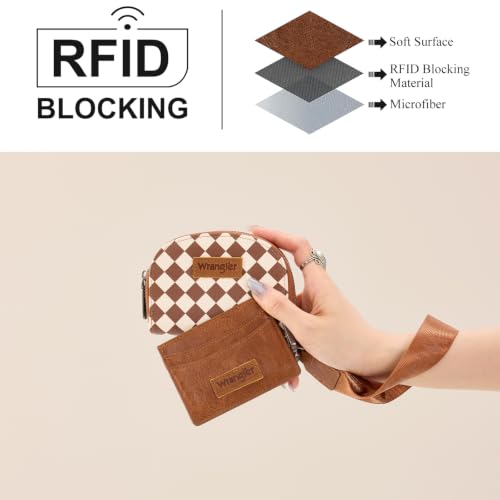 Montana West Wrangler KeyChain Wallet Checkered Wristlet Wallets for Women Western Dual Pouch Wristlet Credit Card Holder Wallet - color: Checkered Brown