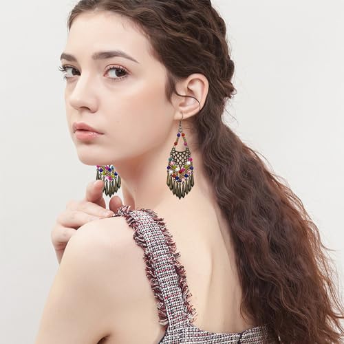Handmade Vintage Bronze Bohemian Long Tassel Colorful Bead Dangle Drop Earrings Big Tribal Chandelier Geometry Hook Earrings for Women Statement Jewelry Gifts - color: Color