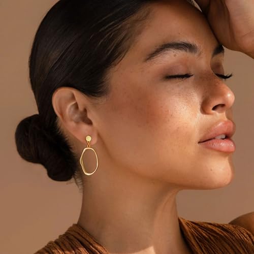 Stud Earrings for Women 14k Gold Plated Geometric Dangle Earrings Lightweight Minimalist Handmade Hammered Texture Oval Disc Drop Double-layer Big Hoop Dangle Earrings for Women - color: Hoop Dangle