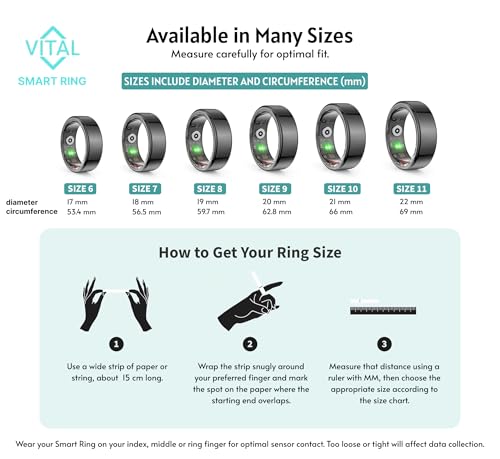 FREEZE2TRIM Vital Health Smart Ring for Women Rings for Men with Fitness, Sleep Monitor, Heart Rate, Activity Tracking, App (Size 6), Black - size: Size 6
