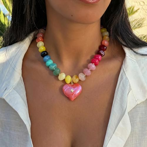 Elegance 11 designs Chunky Heart Necklace for Women, Colorful Acrylic Beaded Statement Puff Heart Necklace, Cute Boho Y2K Choker Necklace for Gift Jewelry - color: Red Heart Pendant Necklace