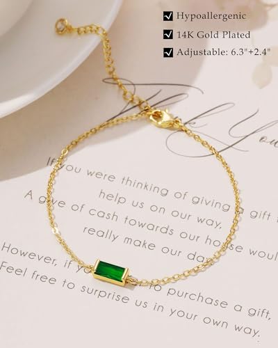 FUNEIA Birthstone Gold Bracelets for Women Non Tarnish Trendy Dainty 14K Gold Plated Bracelet Stack Stackable Blue Green May Emerald Friendship Bracelets Jewelry Gifts for Mom Best Friend - color: 05. May(Emerald)