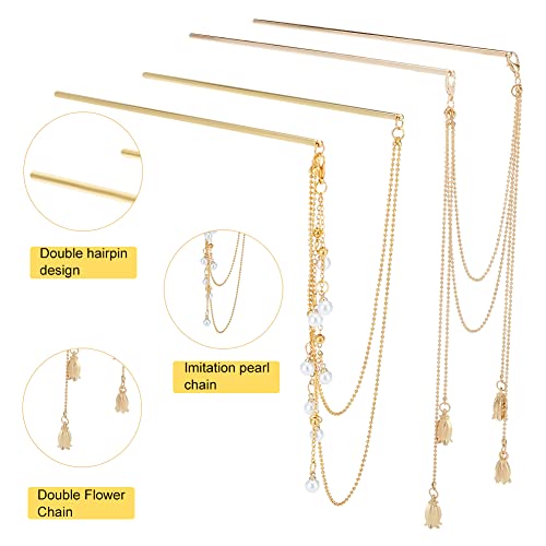 WEBBEDY 2-Style Chinese Double Chain Hair Chopsticks Vintage Tassel Hair Sticks Hanfu Chignon Hairpins Hair Accessories for Long Hair