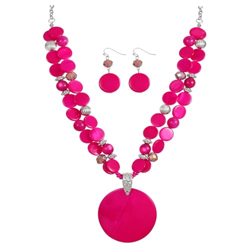 Layered Beads Statement Fashion Necklace Chunky Jewelry Set Big Colorful Glass Stone Circle Shell Pendant Choker Necklace and Earring Set for Women - color: fuchsia pink