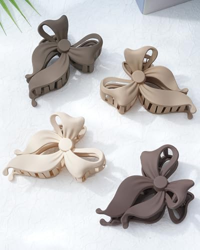 4 PCS Bow Hair Clips Bow Claw Clip for Women, Large Hair Claw Clips for Thin Thick Long Hair Cute Nonslip Bows (Dark khaki+light khaki+Dark Brown+Beige) - color: Dark khaki+light khaki+Dark Brown+Beige