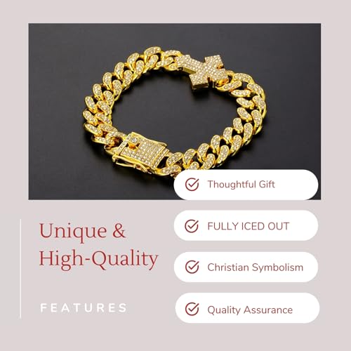 Halukakah Diamond Gold Chain for Men with Cross,18k Real Gold/Platinum Plated Fully Iced Out 12MM Miami Cuban Link Chain Necklace Bracelet,Lab Diamond Prong Set,Present for Husband,Boyfriend,Friend - color: Gold Plated Bracelet