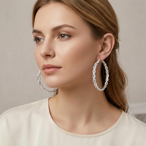 Senteria 925 Sterling Silver Post Hoops Earrings for Women Lightweight Twisted Hoop Earrings With Cubic Zirconia Hypoallergenic Silver Hoops Earrings (20/30/40/50/60MM) - color: silver-60mm