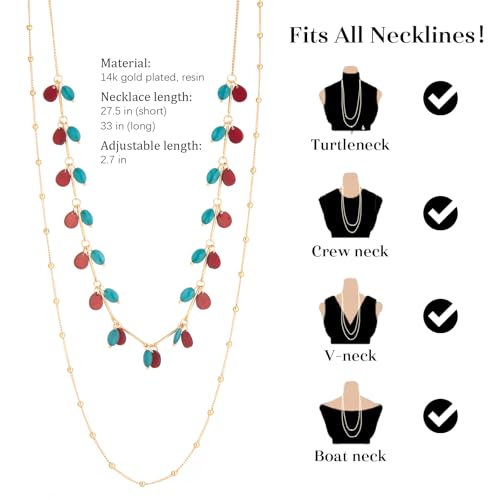 BULINLIN Layered Long Necklaces for Women Long Beaded Chain Necklace CostumeJewelry Mothers Day Gifts for Mom - color: Red green