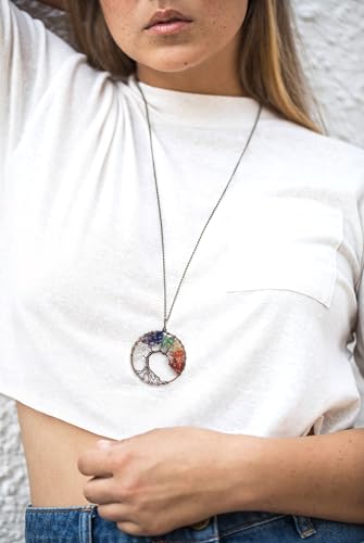 7 Chakra Gemstone Healing Crystals Necklace - Copper Wire Wrapped Natural Unisex Hippie Leather Choker - color: 5. Tree of Life