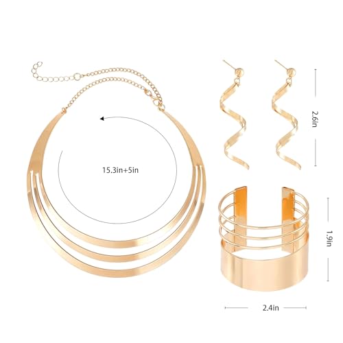 African Choker Necklace Bracelet Earrings Set for Women Dainty Chunky Gold Hoop Choker Necklace Wide Cuff Bangle Bracelets Exaggerated Ethnic Statement Jewelry Set for Women - style: AA