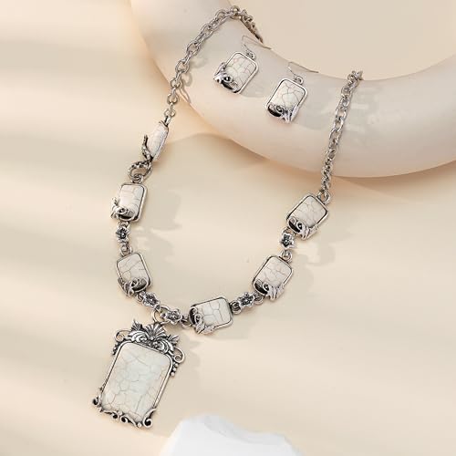 4 PCS Western Turquoise Jewelry for Women Boho Vintage Navajo Pearl Necklace Earring Bracelet Ring Set Country Cowgirl Accessories for Gift - color: H-White