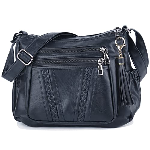ELDA Crossbody Bags For Women Pocketbooks Soft PU Leather Purses and Handbags Multi Pocket Shoulder Bag - color: Black