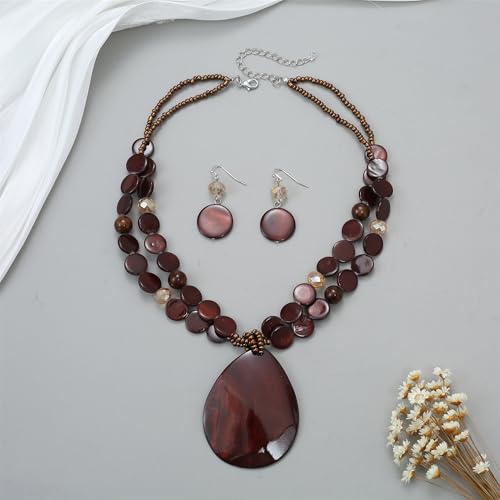 Big Teardrop Pendant Necklaces for Women Colorful Beaded Necklaces Statement Set for Holiday. - color: Brown