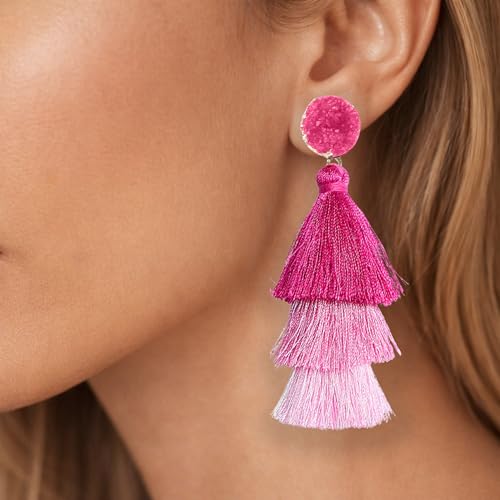 Tassel Earrings for Women - Colorful Layered Tassle Dangle Drop Earrings - color: Pink Ombre