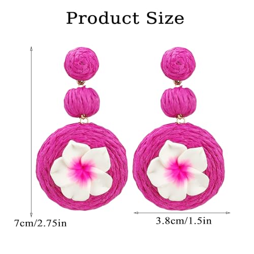 Boho Raffia Ball Earrings for Women, Handmade Statement Drop Earrings Straw Dangle Earrings Beach Vacation Jewelry - color: Hot Pink Flower