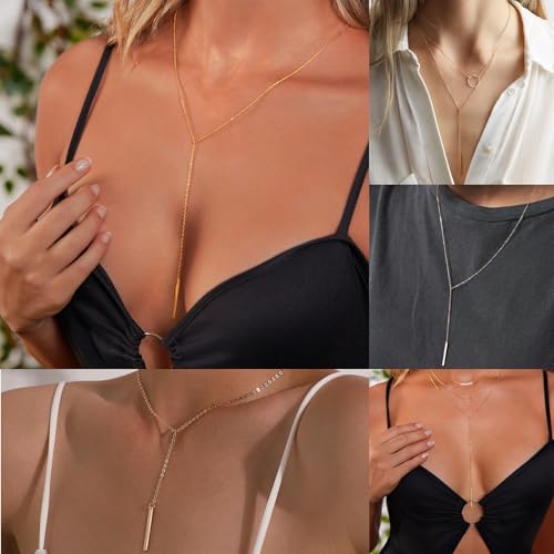 HAXIYA Lariat Gold Necklace for Women Dainty Long Necklace 14K Gold Plated/Silver Y-Shaped Pendant Drop Chain Layered Pearl/Beaded/CZ Necklaces Gold Jewelry Gift for Prom/Wedding - style: Bar - Gold