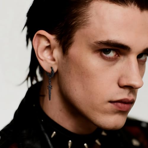 Sonateomber Gothic Silver Black Small Hoop Earrings for Women Men, Punk Hip Hop Engrave Beaded Goth Dangle Drop Earings Halloween Costumes Accessories Prom Fashion Jewelry Gift - color: Black Sword