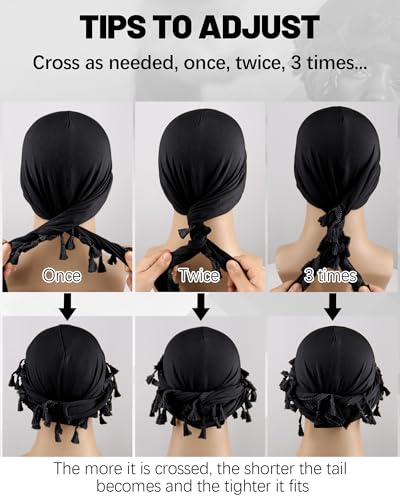 Ababalaya Adjustable Satin Lined Halo Turban Durag for Men &Women Twisted Tassel Head Wraps - color: Black