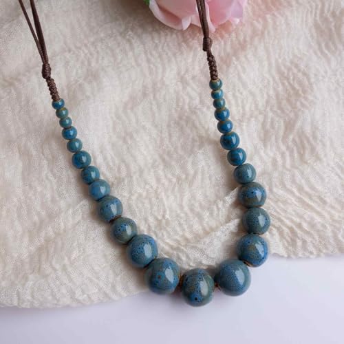 Boho Round Colorful Ceramic Beaded Necklace, Adjustable Hippie Statement Necklace, Handmade Ethnic Jewelry Gift for Women - color: Blue