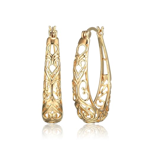 Amazon Collection Sterling Silver Filigree Oval Hoop Earrings - color: Yellow Gold
