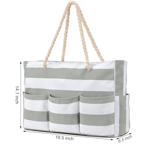 Becokan Beach Bags for Women Canvas Large Beach Tote Bag Zipper Waterproof Sandproof Foldable Swim Pool Bag with 7 Pockets - color: Light Grey