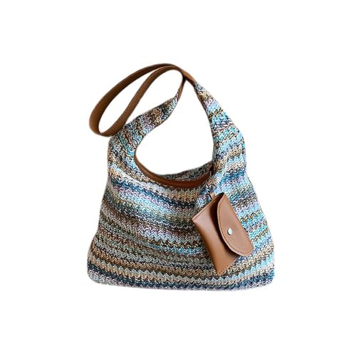 Women's Woven Beach Shoulder Handbag Colorful Straw Tote Bag Summer Vacation Crossbody Bag - color: 3016blue