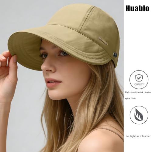 huablo]UPF 50+Womens Sun Hat UV Protection Hiking Fishing Hats Wide Brim Hat Adjustable Ponytail Packable Sun Cap - color: Khaki