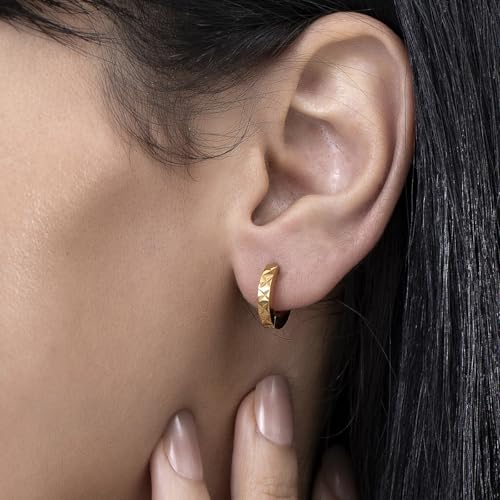 Stainless Steel Hoop Earrings for Women Gold Tone Geometric, Huggie Heart Twisted Minimalist Engraved Designs for Daily Wear - color: Gold05_13mm*14mm