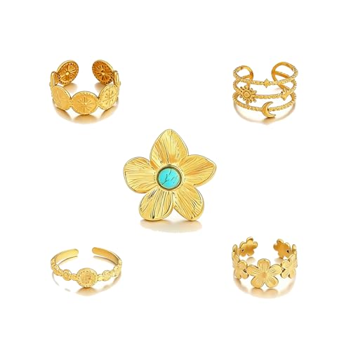 Bohemian Turquoise Ring for Women Chunky Gold Flower Statement Rings Vintage Round Turquoises Stackable Knuckle Ring Set for Women Western Jewelry - style: Turquoise flower ring-B
