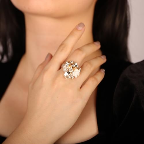 Jumwrit Shiny Crystal Flower Ring Statement Adjustable Open Band Wrap Finger Ring Square Rhinestone Floral Cocktail Ring Party Bridal Wedding Jewelry Vintage Boho Knuckle Ring for Women - color: Gold