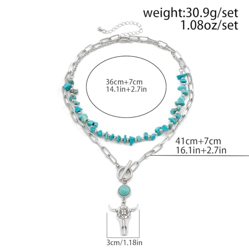 Western Necklaces Boho Layered Charm Necklace for Women Turquoise Beaded Choker Ox-head Pendant Necklace Western Jewelry for Women Cowgirl Accessories - color: Style-F